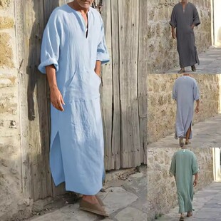 Loose Robe Dress Abaya Men's V-Neck Shirt Kaftan big size