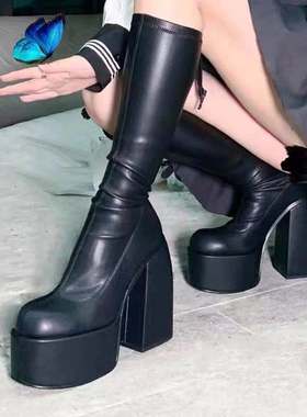 Europe America Square toed boots with thick heels women shoe