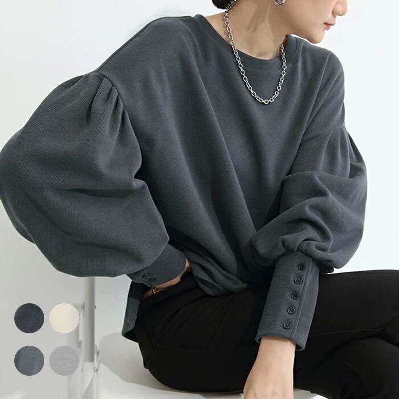 跨境爆款 4色简约日系灯笼袖卫衣女纯色宽松型圆领卫衣 hoodie