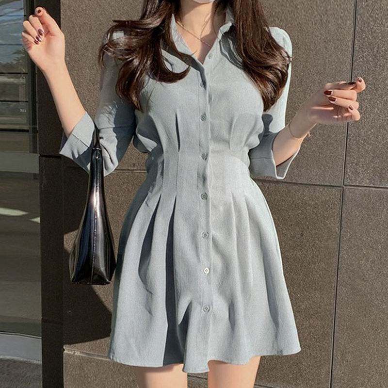 French Retro Waist Shirt Dress 法式复古收腰长袖单排扣衬衫裙