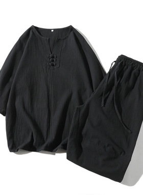 Men's Tang suit linen loose shirt shorts 棉麻宽松T恤短裤套装