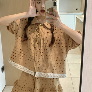 家居服套装 韩版 长裤 甜美娃娃领波点睡衣女夏季 纯棉纱布可外穿短袖