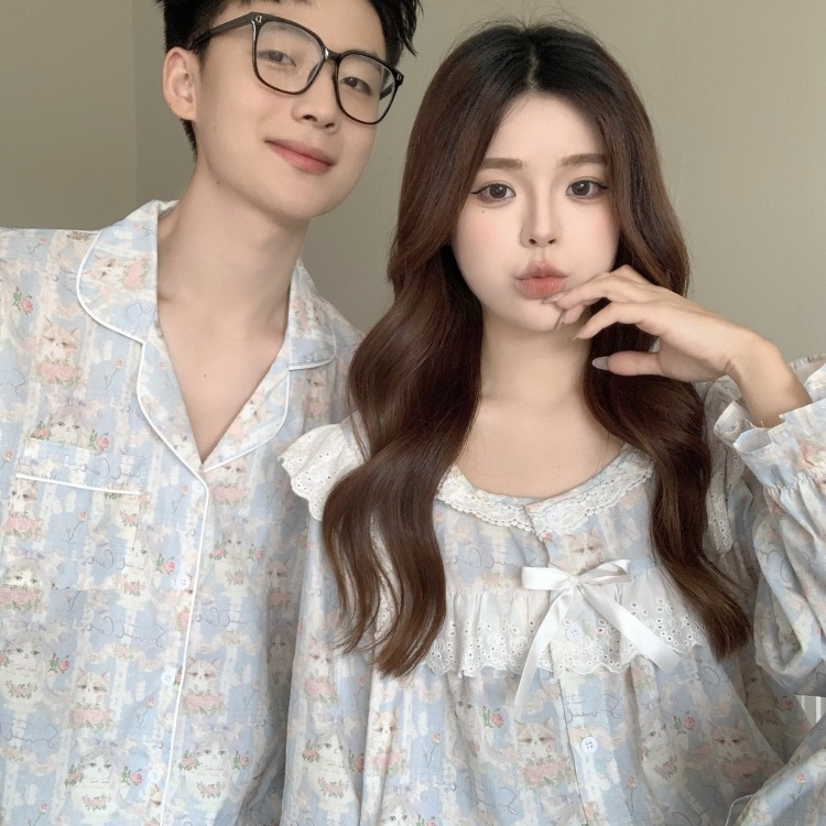 春秋季情侣睡衣一男一女宽松舒适纯棉宫廷风男女同款家居服两件套