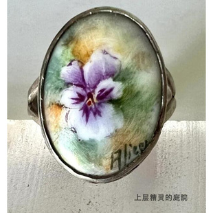 古董Vintag甜美三色堇梦幻手绘老银戒指孤品 SOLD上层精灵 庭院