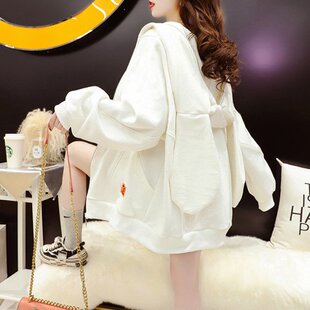 纯棉春秋薄款卫衣女士小众设计感兔耳朵红色时尚女装开衫外套欧货