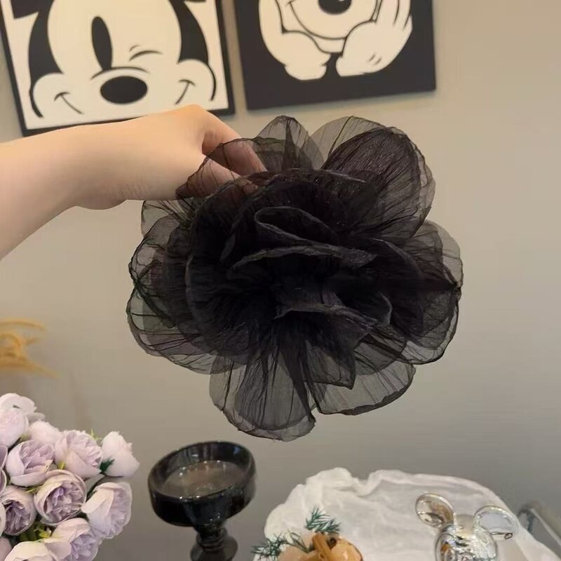 后脑勺马尾丸子头饰夏超大号网纱玫瑰花瓣抓夹女立体鲨鱼夹显脸小