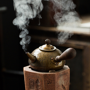 手工锻打黄铜侧把壶仿古紫铜煮茶壶电陶炉炭炉烧水壶茶道功夫茶具