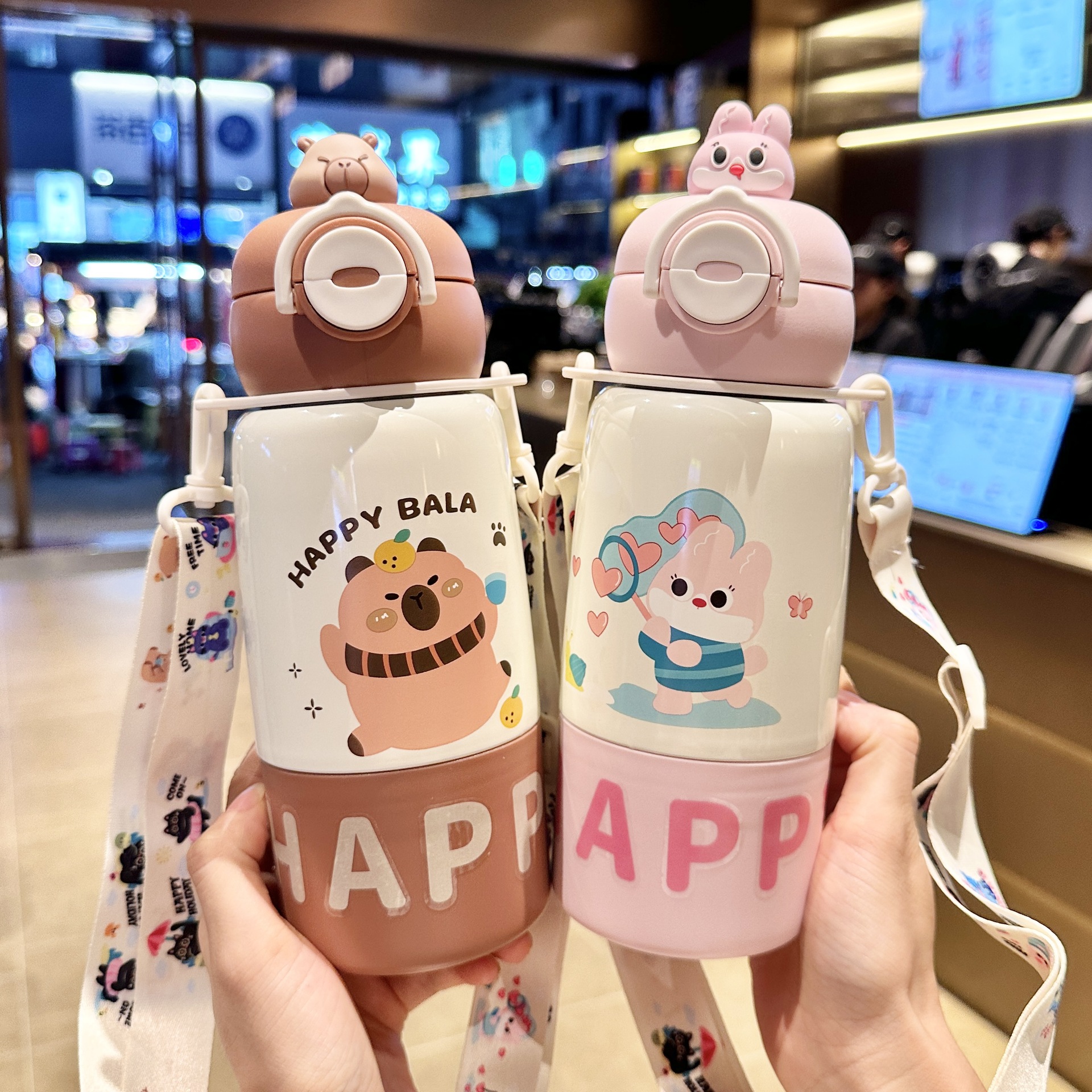 儿童新款双饮保温杯316不锈钢可爱公仔吸管杯学生大容量水杯