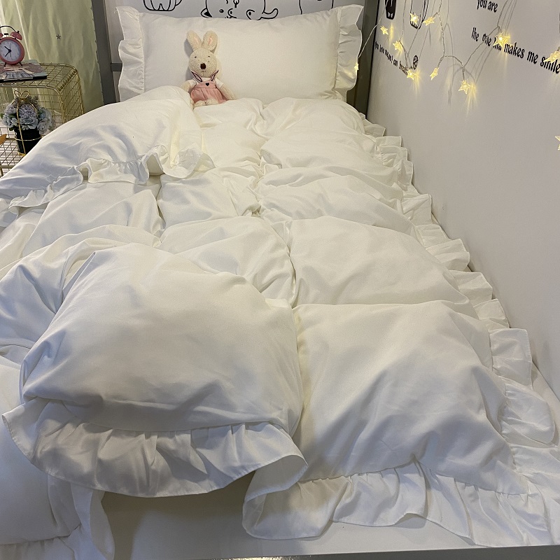 梦幻公主风纯白荷叶花边四件套水洗棉被套床单床裙学生宿舍三件套
