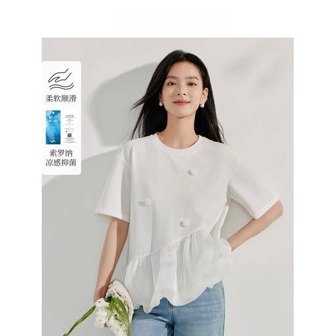 折扣网纱拼接不规则娃娃衫女2026年夏季新款花朵百搭显瘦短袖T恤