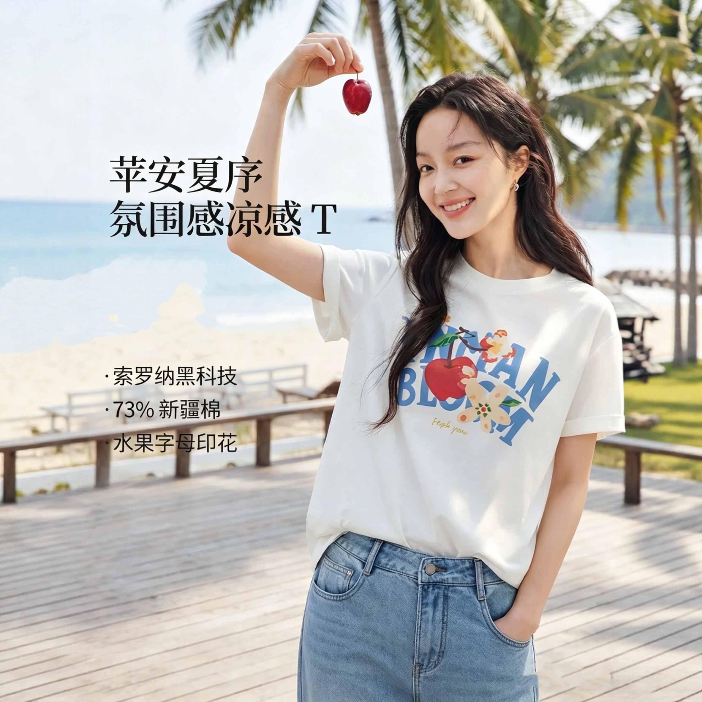 折扣手绘樱桃字母T恤2026街头风显瘦遮肉白色短袖百搭可爱上衣