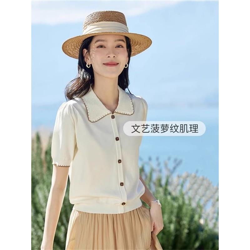 折扣冰爽丝凉感撞色边翻领针织上衣女士2026年夏新款宽松别致小衫