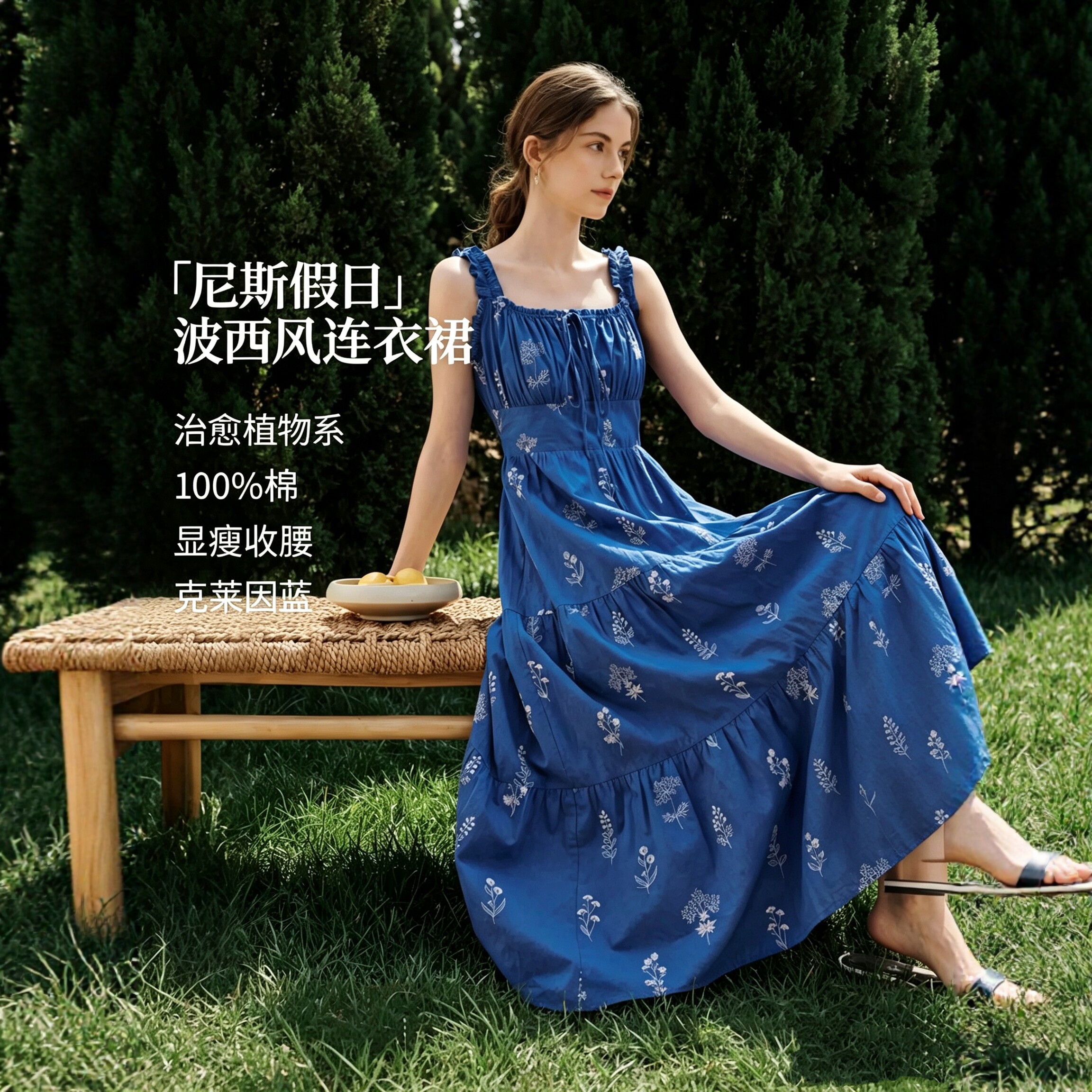 折扣100%新疆棉克莱因蓝度假风吊带连衣裙2026夏季新款显瘦裙子