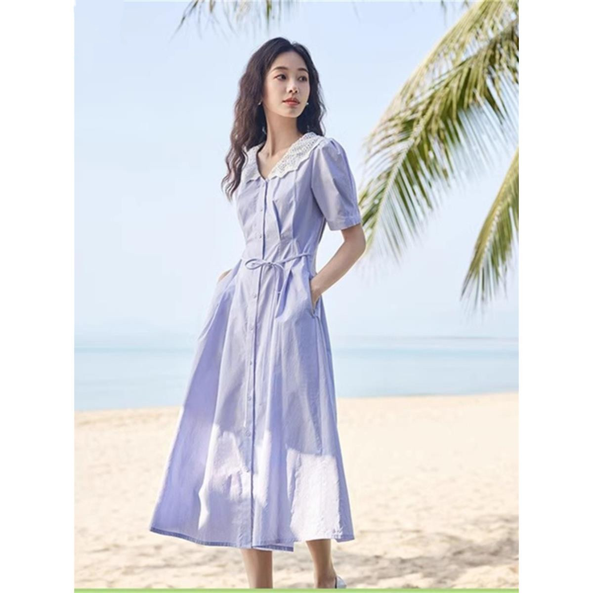 折扣法式文艺连衣裙女2026年夏季新款镂空花边领收腰显瘦a字裙子