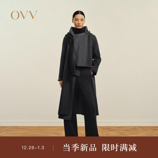 随附围巾连帽单排扣羊毛双面呢大衣 女装 OVVOutlet秋冬热卖 新款