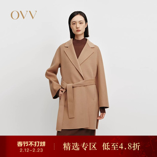 OVVOutlet秋冬热卖女装平驳领随附腰带90支羊毛双面呢大衣