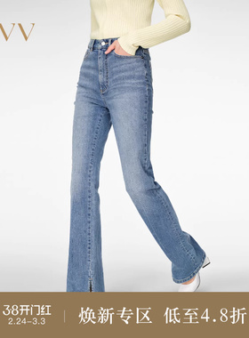 OVV春夏热卖女装意大利进口面料中腰微喇叭开衩牛仔裤