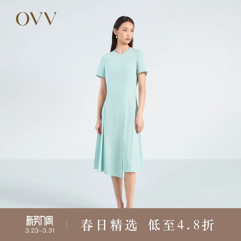OVV春夏热卖女装单面缎三醋酸圆领经典不对称A字短袖连衣裙