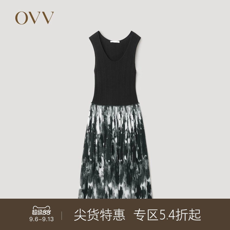 【黄金羊毛】OVVOutlet秋冬热卖女装针梭镶拼印花无袖连衣裙