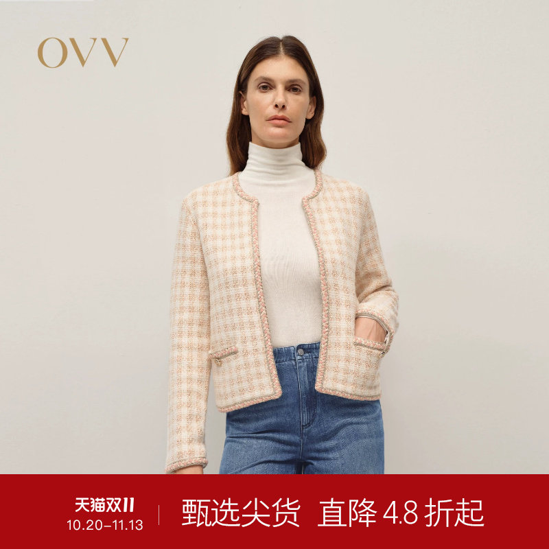 OVV秋冬热卖女装花式格纹图案织带镶边针织开衫外套