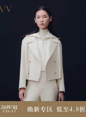 OVV Outlet 秋冬新款女船锚纽扣双排扣工装风斜纹丝羊毛短款大衣