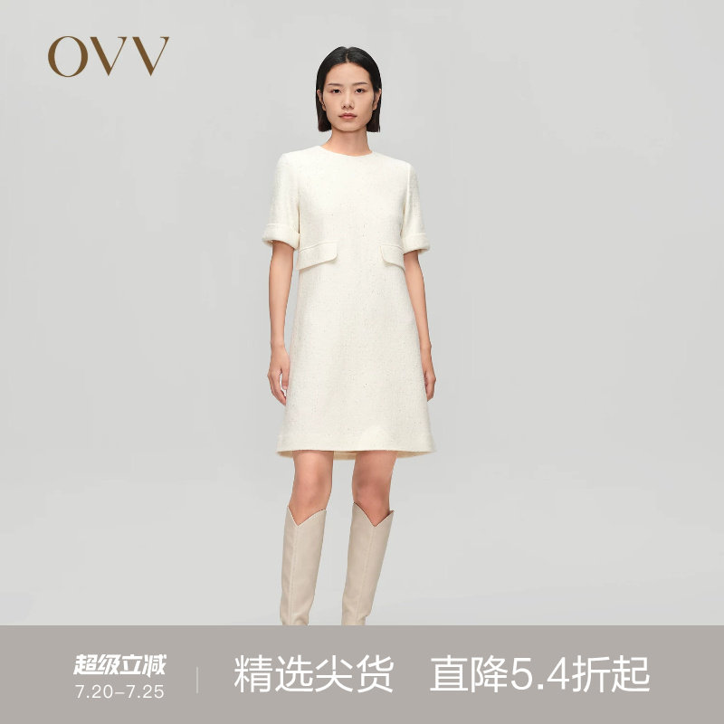 OVVOutlet秋冬新款女装针织羊毛珠片点缀中长款直筒短袖连衣裙