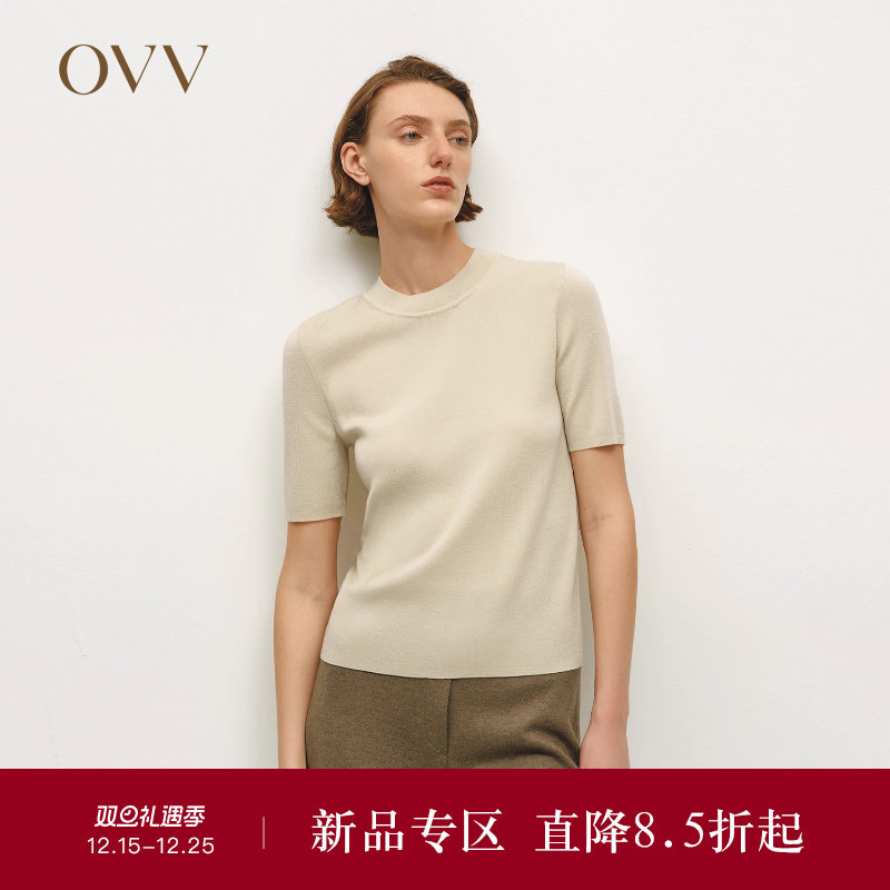 OVVOutlet秋冬热卖女装真丝羊毛混纺基础圆领休闲短袖针织衫