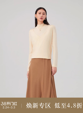 【可机洗黄金羊毛】OVVOutlet秋冬热卖女装简约深V领长袖针织衫