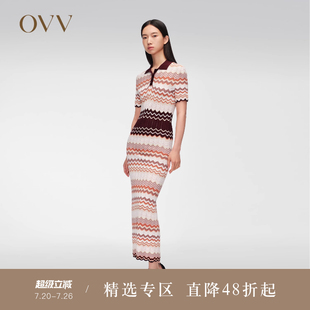 OVV2024春夏新款 連衣裙 鏤空撞色幾何POLO領(lǐng)針織短袖 女裝