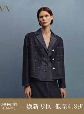 OVVOutlet秋冬新款女装高级丹宁刺绣简约无领休闲牛仔夹克外套