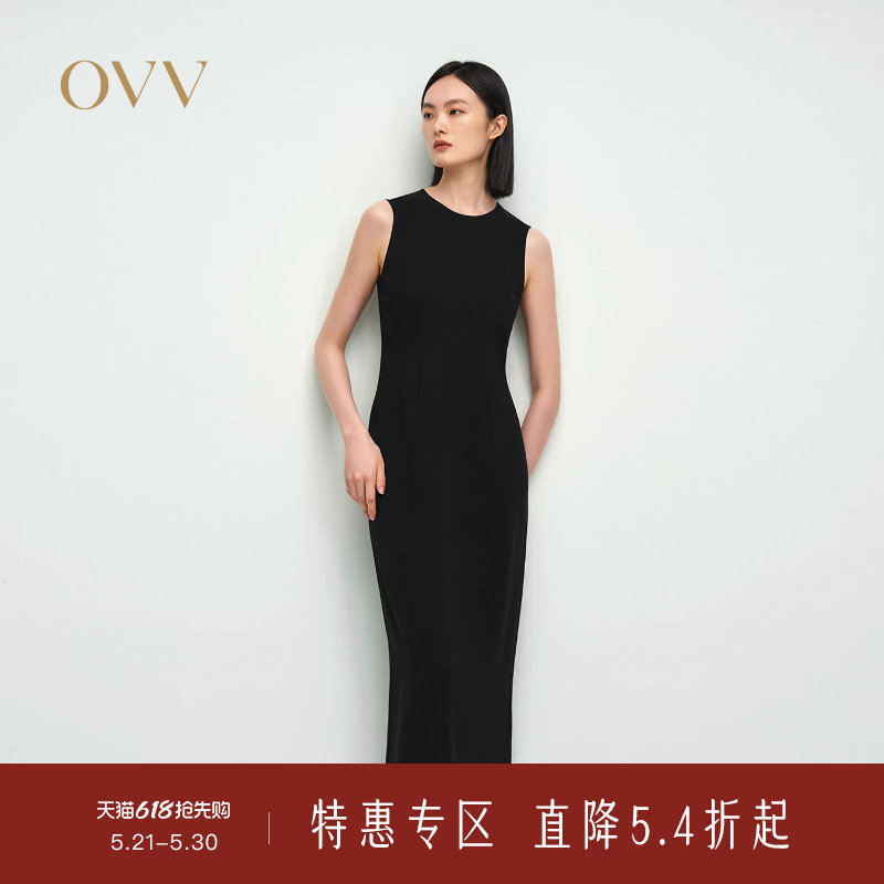 OVV2025春夏新款女装醋酸混纺简约圆领优雅修身无袖连衣裙