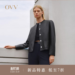 时髦简洁小圆领高级羊皮革皮衣外套 女装 OVVOutlet秋冬热卖 新款