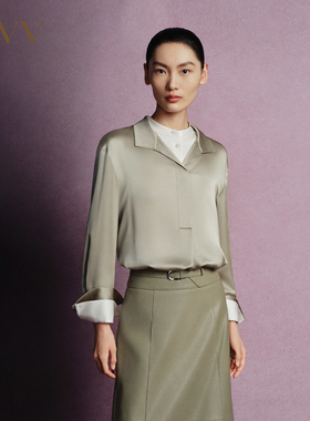 OVVOutlet秋冬热卖女装20MM缎面绉翻领落肩长袖休闲衬衫