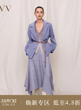 OVVOutlet秋冬新款女针织羊毛两粒扣平驳领贴袋皮带单件西服外套