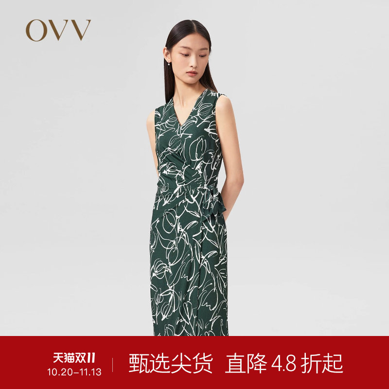 OVVOutlet春夏热卖时尚V领针织精致印花收腰修身褶饰无袖连衣裙