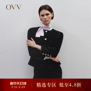 OVVOutlet秋冬新款女装日本进口丝绒面料经典圆领短款夹克外套