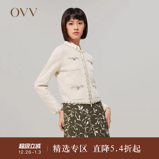 圆领休闲针织开衫 饰金银丝短款 丝绒织带装 OVVOutlet秋冬女装