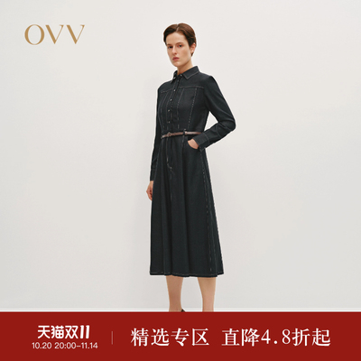 OVVOutlet秋冬热卖女装牛仔翻领羊毛随附腰带长袖休闲连衣裙