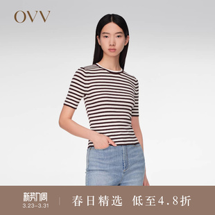 针织衫 丝棉混纺基础条纹圆领短袖 女装 OVV春夏热卖