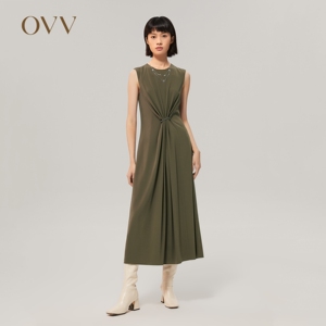 OVVOutlet【日本进口三醋酸】秋冬新款女叠褶束腰无袖连衣裙
