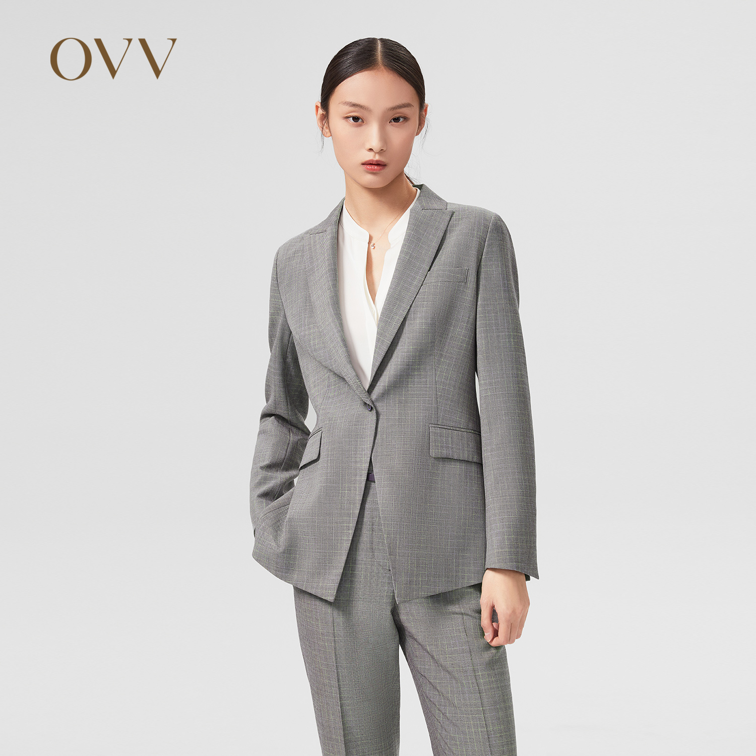 OVVOutlet春夏新款女日本进口面料羊毛格纹修身通勤套装西服