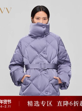OVV秋冬热卖女装光泽感缎面菱形格高领白鹅绒直筒羽绒服