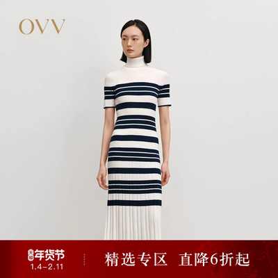 OVVOutlet秋冬热卖女装经典横条纹高领长袖羊毛针织连衣裙