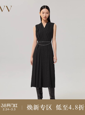 OVVOutlet【日本进口三醋酸】秋冬新女重工百褶小黑裙无袖连衣裙