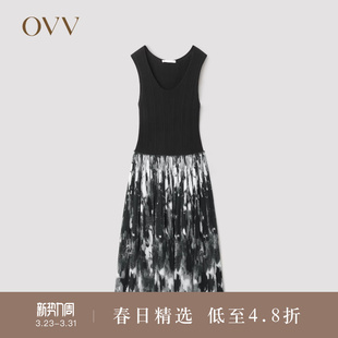 针梭镶拼印花无袖 女装 OVVOutlet秋冬热卖 连衣裙 黄金羊毛