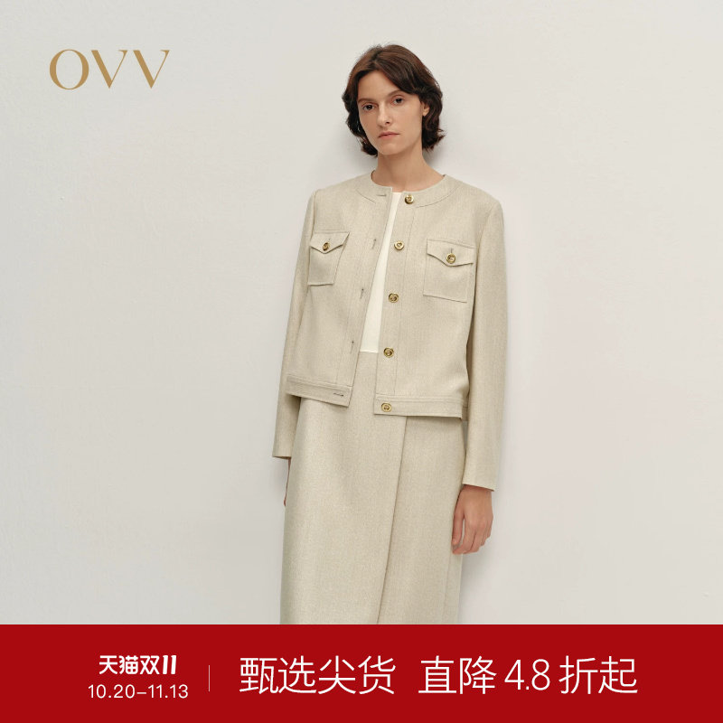 OVV秋冬热卖女装粗花呢圆领金扣贴袋直筒休闲夹克外套