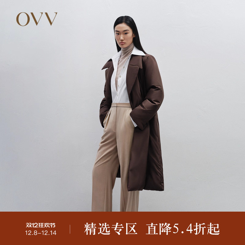 OVVOutlet秋冬新款女装优雅戗驳领双排扣长款大衣式羽绒服