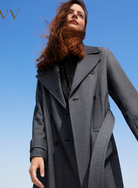 OVVOutlet秋冬新款女装仿牛仔羊毛面料双排扣经典休闲长款风衣