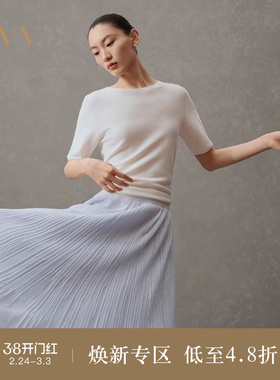 OVV春夏热卖女装轻盈飘逸干爽舒适松紧腰A字百褶半身裙