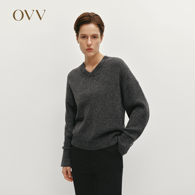 OVVOutlet秋冬热卖女装V领保暖时尚点子纱休闲长袖羊绒衫